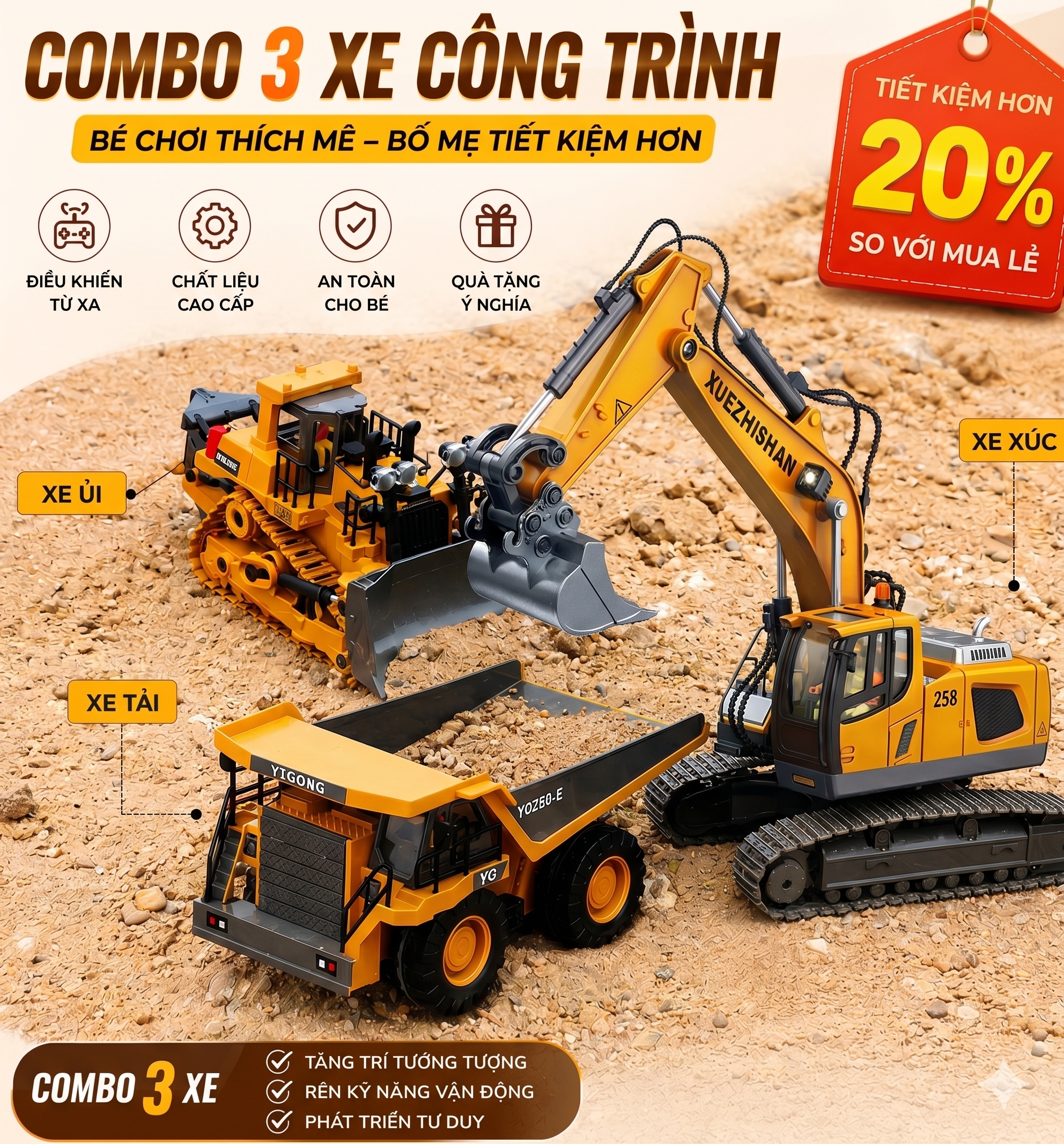 Combo xe đồ chơi công trình cho bé
